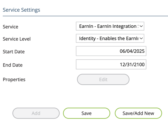 EarnIn service added to a company in RPO with Service Level set to Identity