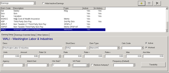 Earning Setup sub-tab with MemoWC Earn Type selected