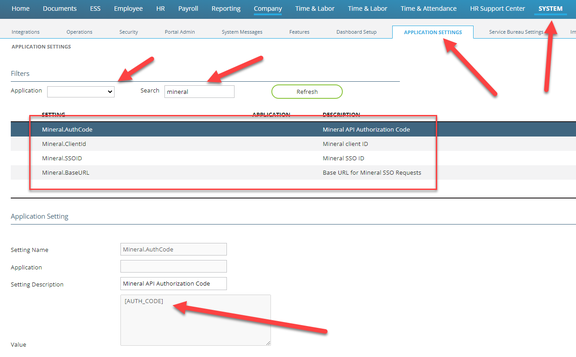 AppSettings table values for MineralHR