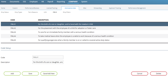 FMLA leave codes in HR Setup