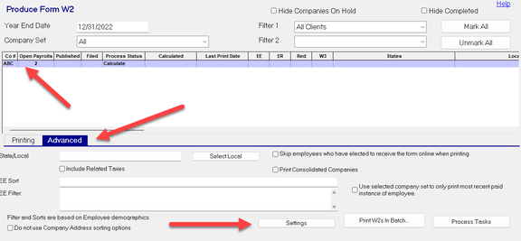 Company listing with selected companies bolded during tax form printing