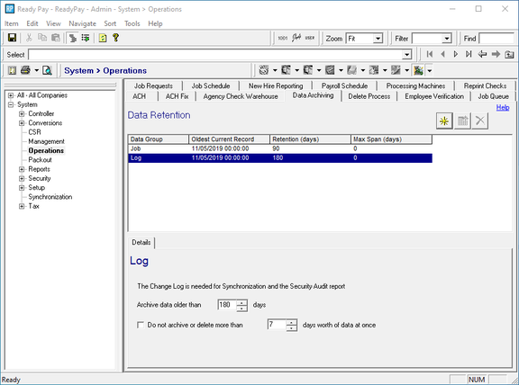 Data Archiving retention policy screen