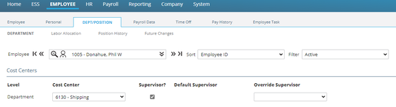 Marking an employee as a Supervisor on the Dept/Position tab
