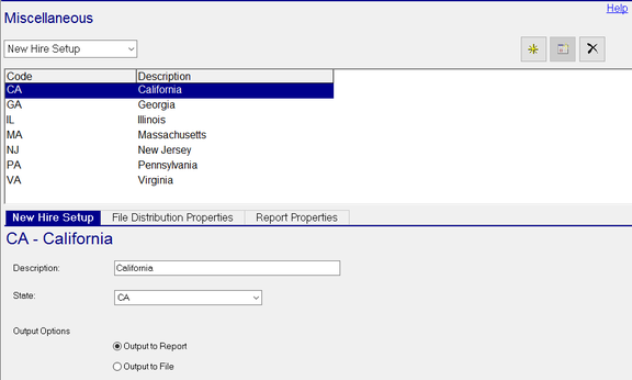 System Setup Misc tab showing New Hire Setup selection