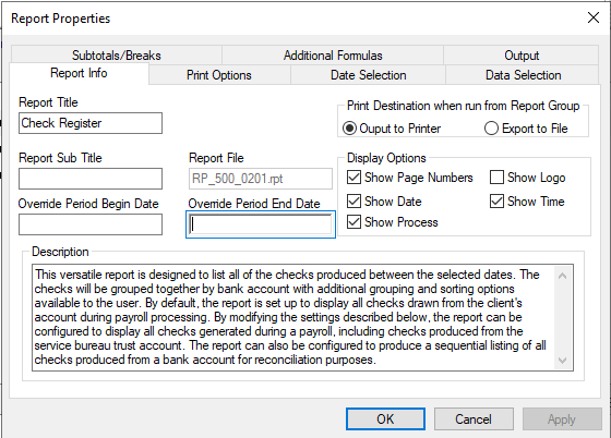 Report Properties Box