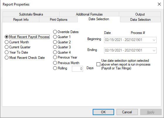 Date Selection tab