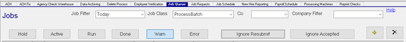 Job Queue filter options set to Today, ProcessBatch, and Warn