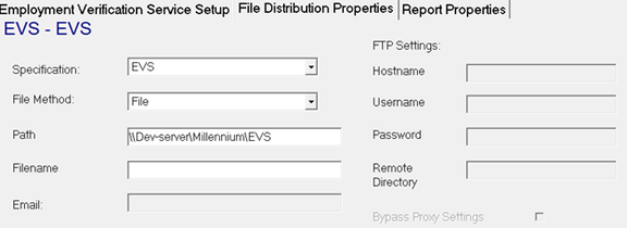 File Distribution Properties sub-tab showing EVS specification, File method, UNC path, and Filename