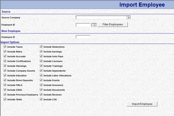 Import Employee screen
