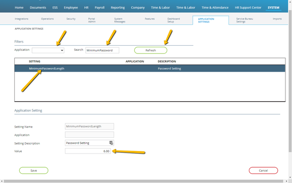 Application Settings page