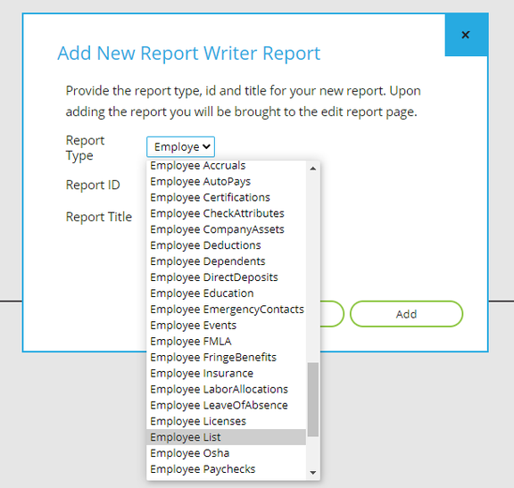 Report Type drop list