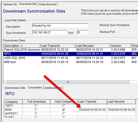Downstream Site Companies tab showing last sync times