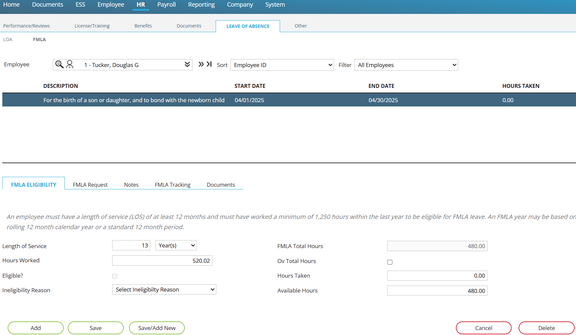 FMLA screen under HR Leave of Absence
