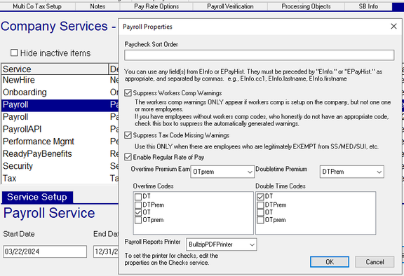 Payroll service configuration page showing RROP options