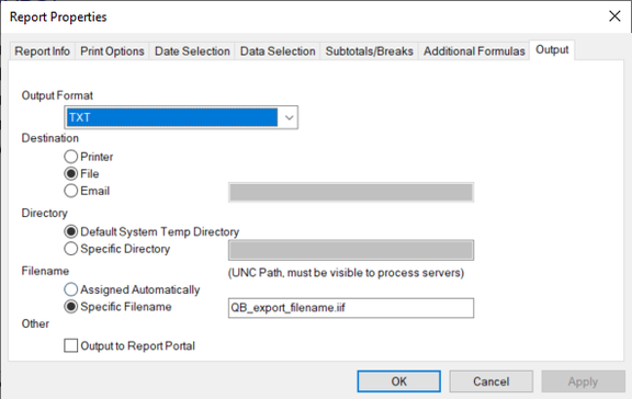QuickBooks export output settings