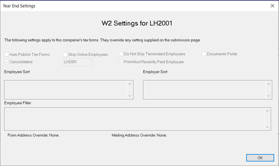 View Settings dialog showing Year End Settings for a consolidated company