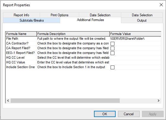 Additional Formulas tab with CA Pay Data formula options
