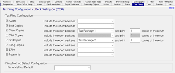 Master Company Setup Tax Filing screen