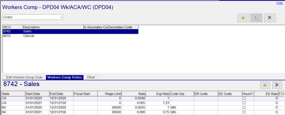 Workers Comp Rates grid showing fields for State, Start Date, End Date, Rate, and additional options