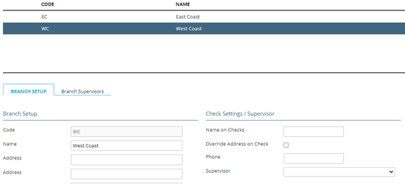 Branch Setup sub tab