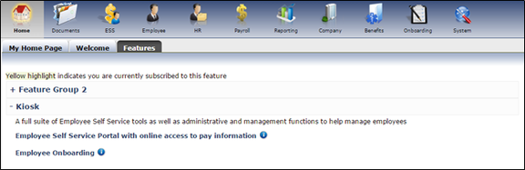 Features tab on client home screen