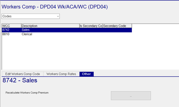 Other sub tab with Recalculate Workers Comp Premium function
