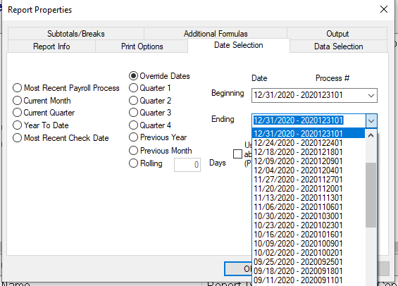 Date Selection tab configured for a single payroll process during the snapshot period
