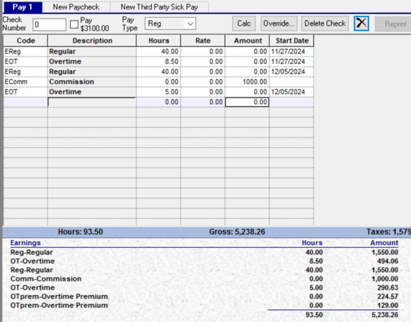 Pay grid showing hours and amounts allocated by week for a biweekly period