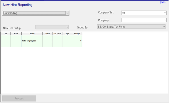 New Hire Reporting tab with filters and company list grid