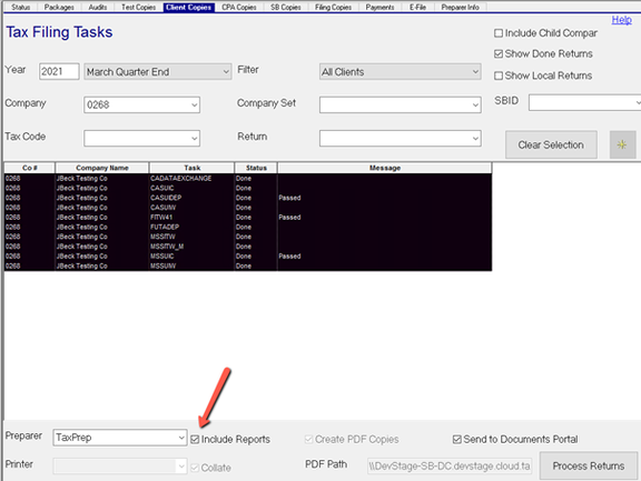 Tax Filings screen with Include Reports and Process Returns options